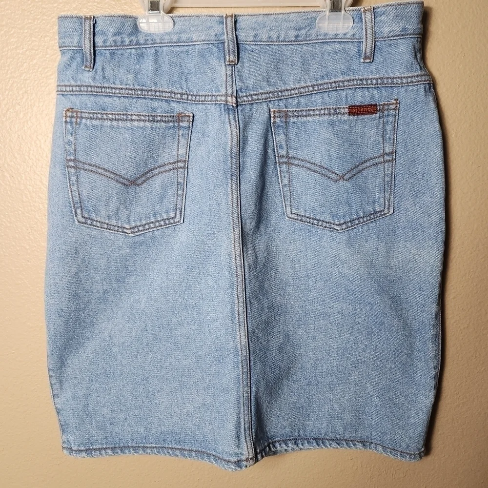 Vintage 80s Gitano Yoked Light Wash Above Knee Length Jean Skirt-Size 16